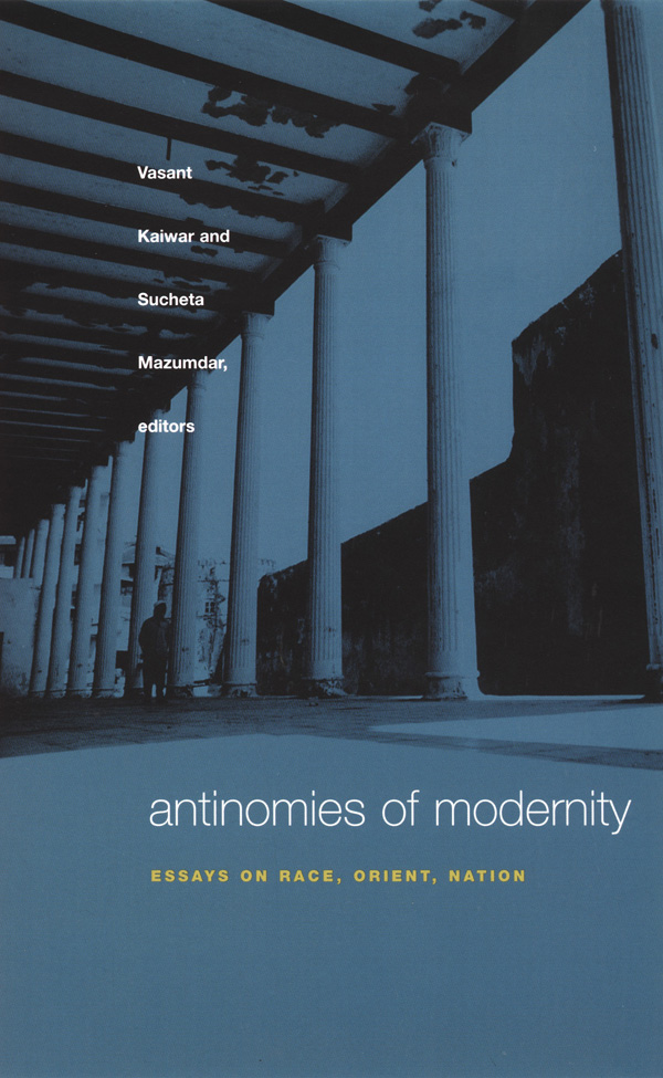 The cover of a blue book, Antinomies of Modernity - with a building and concrete pillars in the background.