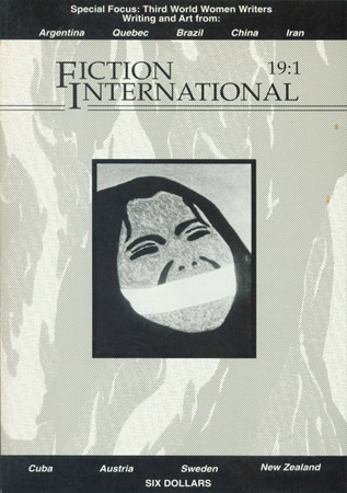 Cover page of Fiction International journal depicting a person with long hair with a white band across mouth