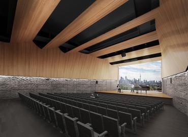 rendering of the Interior of the 90 Queens Park performance hall with a view of the Toronto skyline